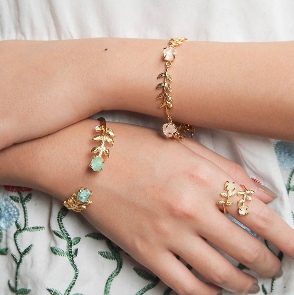 Raw Sapphire Leaves Bangle in Rose Gold - Crystal Of A Kind