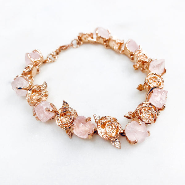 Raw Rose Quartz Floral Bangle in Rose Gold - Crystal Of A Kind