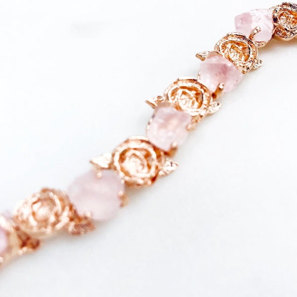 Raw Rose Quartz Floral Bangle in Rose Gold - Crystal Of A Kind