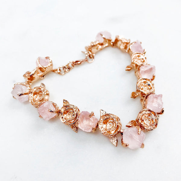 Raw Rose Quartz Floral Bangle in Rose Gold - Crystal Of A Kind