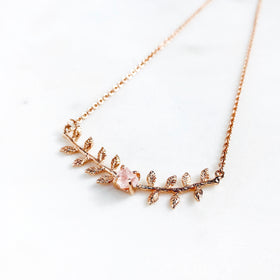 Raw Rose Quartz Leaves Necklace in Rose Gold - Crystal Of A Kind