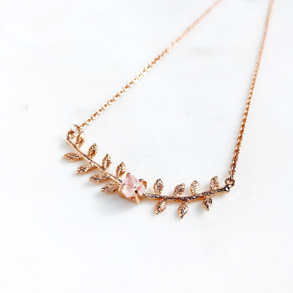 Raw Rose Quartz Leaves Necklace in Rose Gold - Crystal Of A Kind