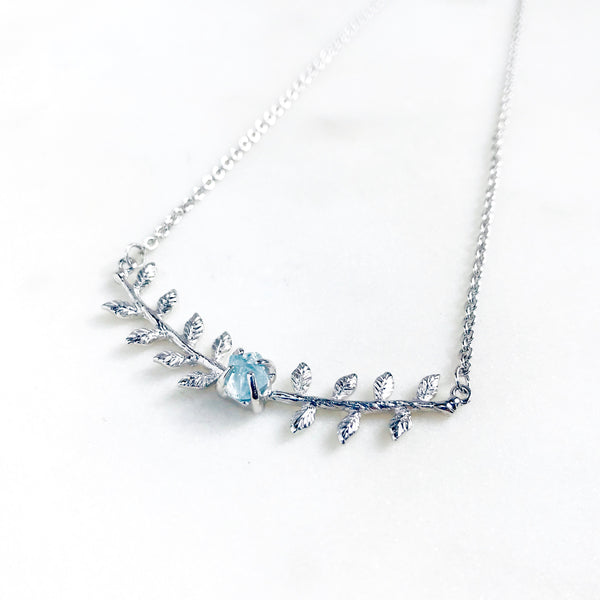 Raw Aquamarine Leaves Necklace in Silver - Crystal Of A Kind