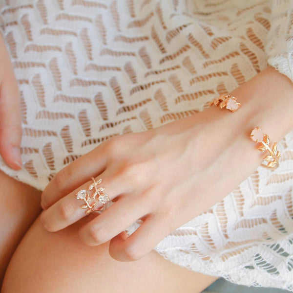 Raw Rose Quartz Leaves Bangle in Silver - Crystal Of A Kind