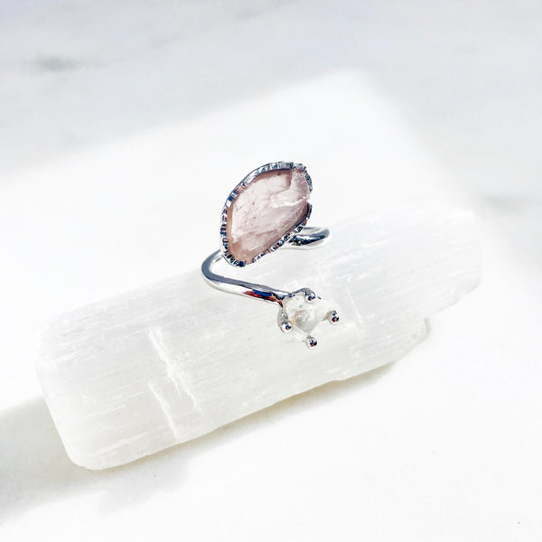 Raw Rose Quartz & White Topaz Ring in Silver - Crystal Of A Kind