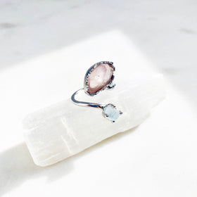 Raw Rose Quartz & Aquamarine Twisted Ring in Silver - Crystal Of A Kind