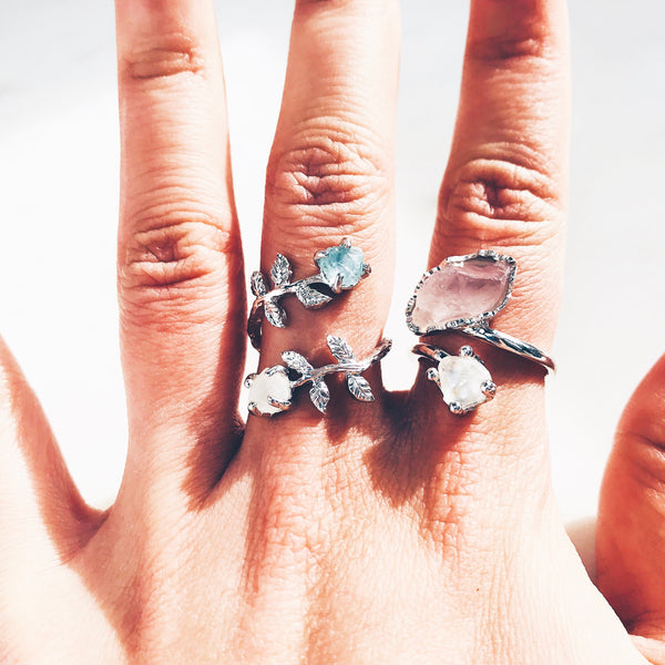 Raw Rose Quartz & White Topaz Ring in Silver - Crystal Of A Kind