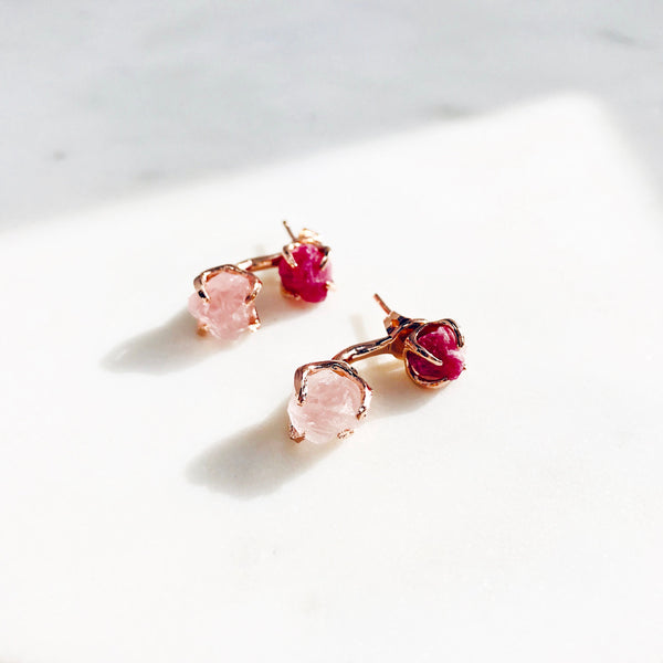 Raw Ruby & Rose Quartz Dual Stud Earrings in Rose Gold - Crystal Of A Kind