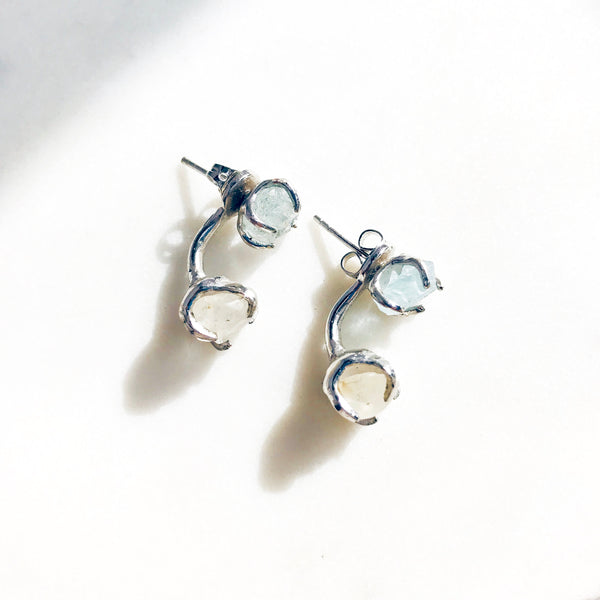 Raw Aquamarine & White Topaz Dual Stud Earrings in Silver - Crystal Of A Kind