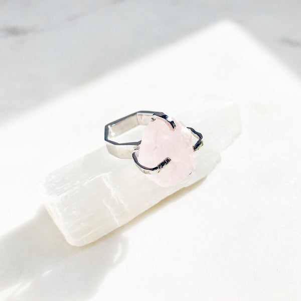 Raw Rose Quartz Power Ring in Silver - Crystal Of A Kind
