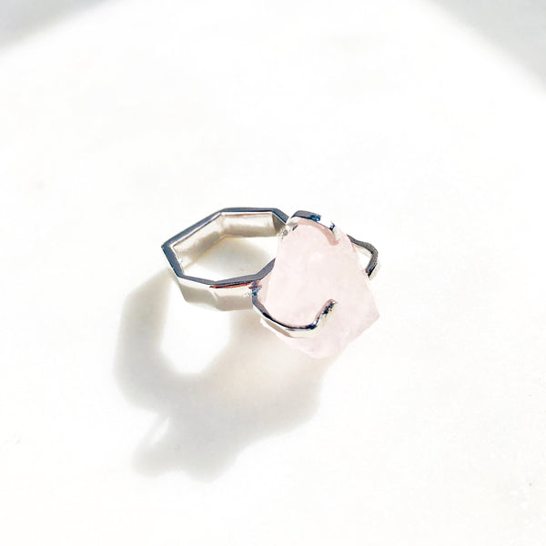 Raw Rose Quartz Power Ring in Silver - Crystal Of A Kind