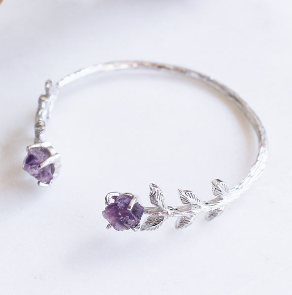 Raw Amethyst Leaves Bangle in Silver - Crystal Of A Kind