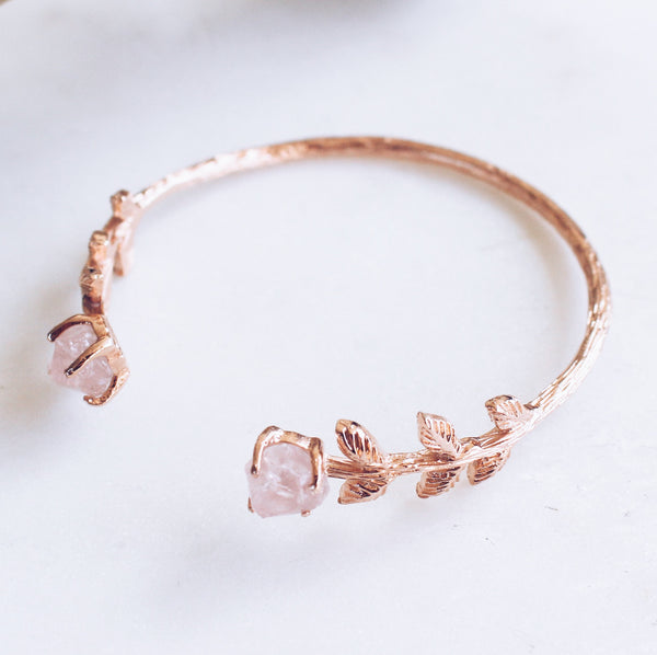 Raw Rose Quartz Leaves Bangle in Rose Gold - Crystal Of A Kind