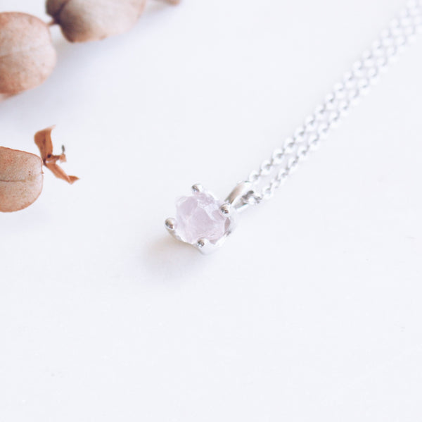 Raw Rose Quartz Necklace in Silver - Crystal Of A Kind