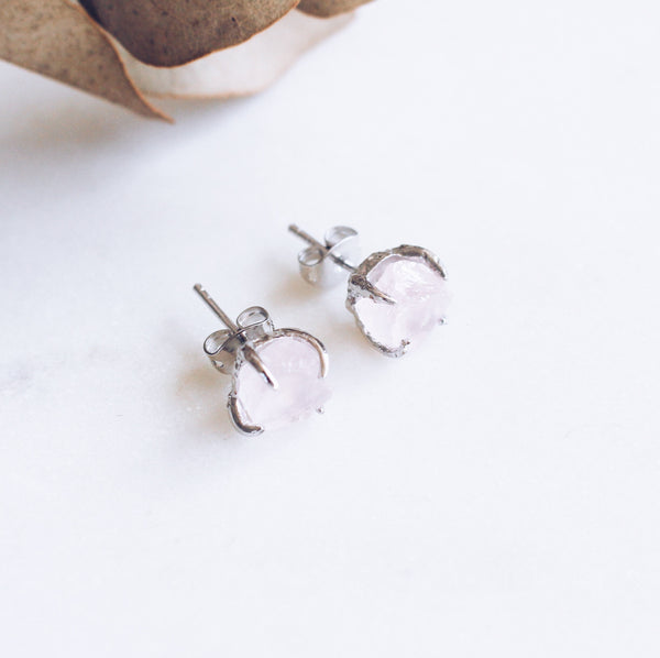 Raw Rose Quartz Stud Earrings in Silver - Crystal Of A Kind