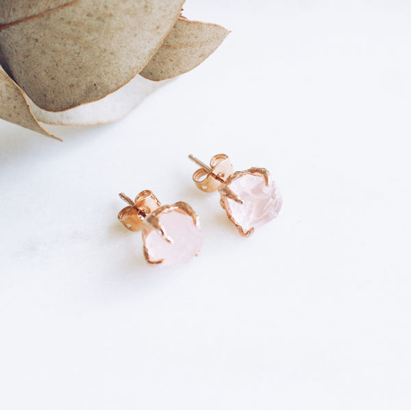 Raw Rose Quartz Stud Earrings in Rose Gold - Crystal Of A Kind