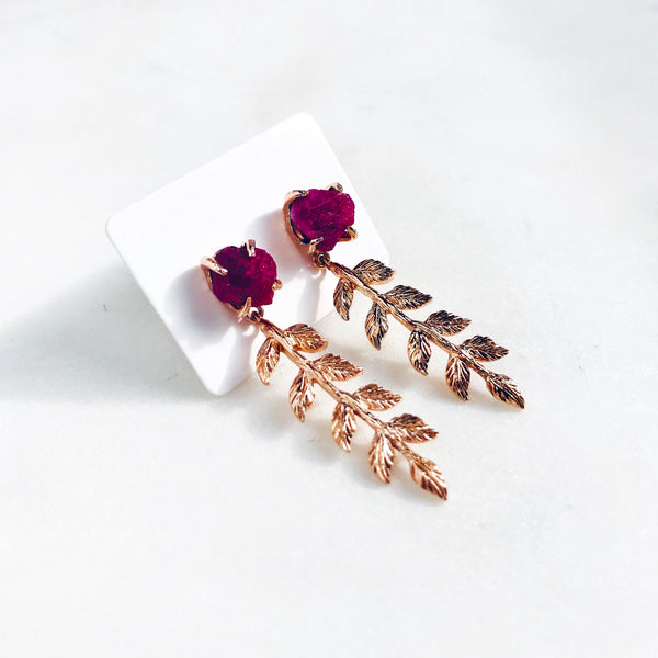 Raw Ruby Leaves Earrings in Rose Gold - Crystal Of A Kind