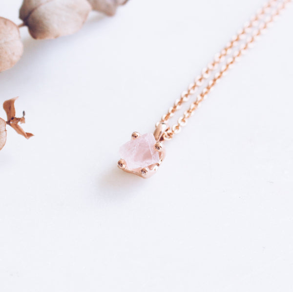 Raw Rose Quartz Necklace in Rose Gold - Crystal Of A Kind