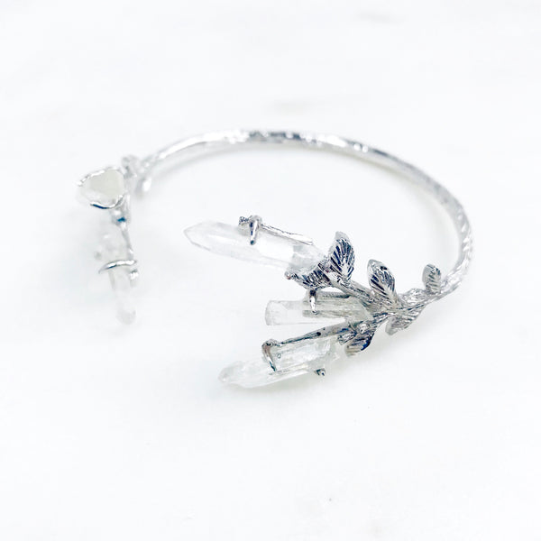 Raw Crystal Quartz Leaves Bangle in Silver - Crystal Of A Kind