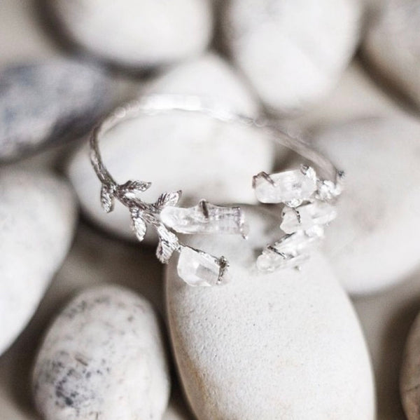 Raw Crystal Quartz Leaves Bangle in Silver - Crystal Of A Kind