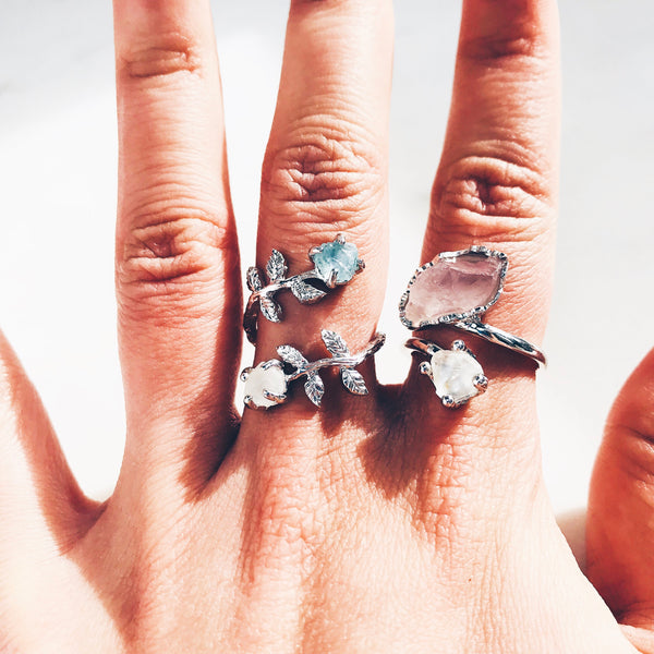 Raw Amethyst & Rose Quartz Twisted Leaves Ring in Rose Gold - Crystal Of A Kind