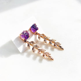 Raw Amethyst Leaves Earrings in Rose Gold - Crystal Of A Kind