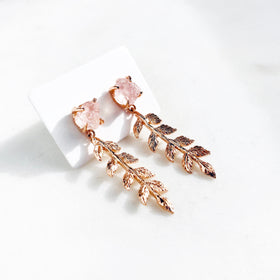 Raw Rose Quartz Leaves Earrings in Rose Gold - Crystal Of A Kind
