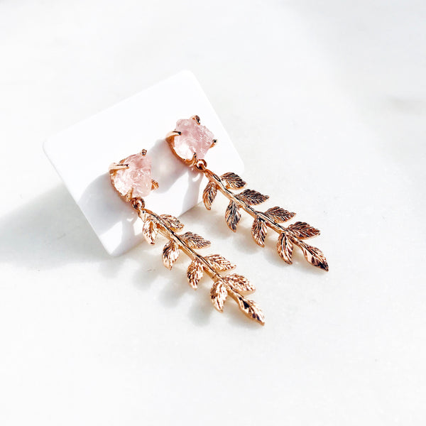 Raw Rose Quartz Leaves Earrings in Rose Gold - Crystal Of A Kind