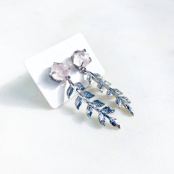 Raw Rose Quartz Leaves Earrings in Silver - Crystal Of A Kind