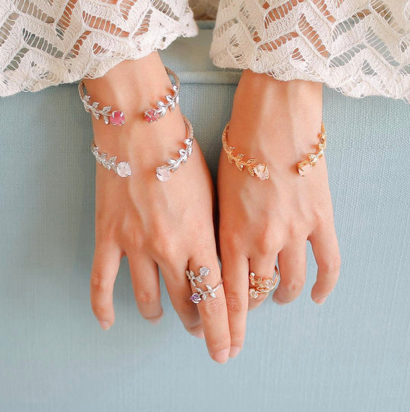 Raw Rose Quartz Leaves Bangle in Silver - Crystal Of A Kind