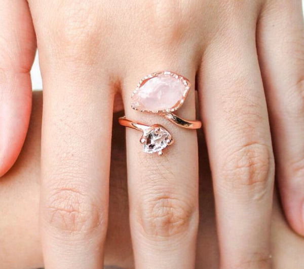 Raw Rose Quartz & Amethyst Twisted Ring in Silver - Crystal Of A Kind