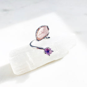 Raw Rose Quartz & Amethyst Twisted Ring in Silver - Crystal Of A Kind