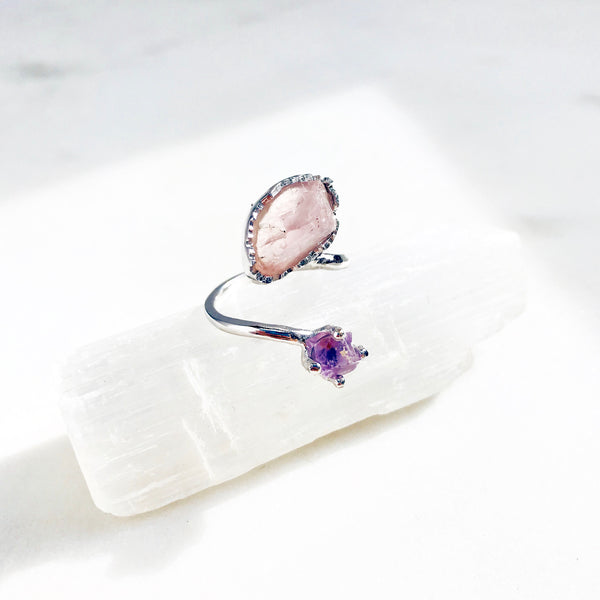 Raw Rose Quartz & Amethyst Twisted Ring in Silver - Crystal Of A Kind