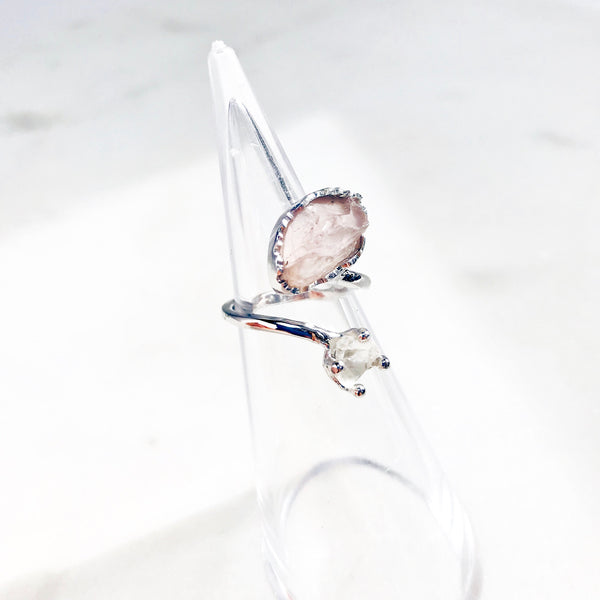 Raw Rose Quartz & White Topaz Ring in Silver - Crystal Of A Kind