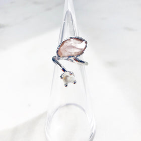 Raw Rose Quartz & White Topaz Ring in Silver - Crystal Of A Kind