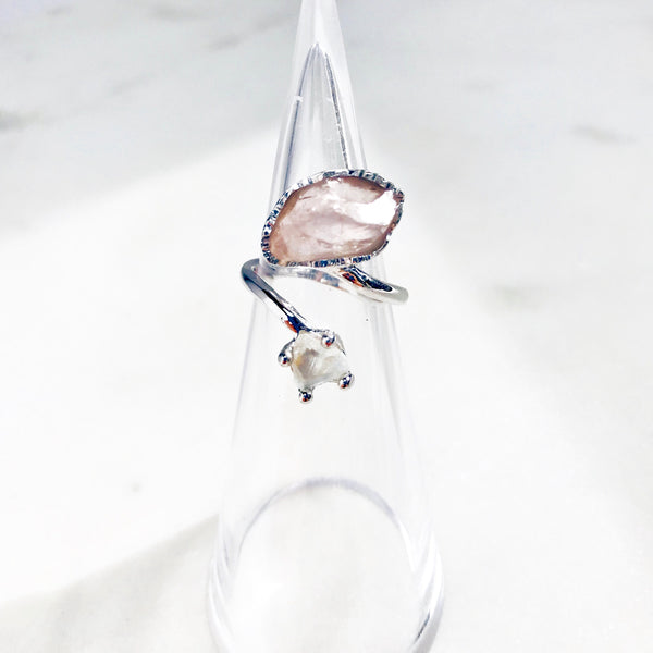 Raw Rose Quartz & White Topaz Ring in Silver - Crystal Of A Kind