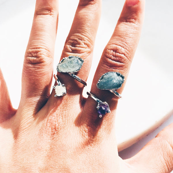 Raw Rose Quartz & Aquamarine Twisted Ring in Silver - Crystal Of A Kind