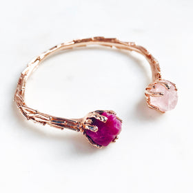 Raw Ruby & Rose Quartz Coral Reef Bangle in Rose Gold - Crystal Of A Kind