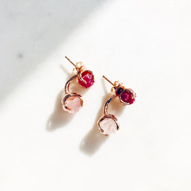 Raw Ruby & Rose Quartz Dual Stud Earrings in Rose Gold - Crystal Of A Kind