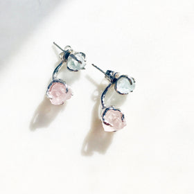 Raw Aquamarine & Rose Quartz Dual Stud Earrings in Silver - Crystal Of A Kind