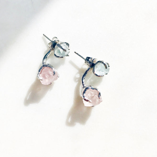 Raw Aquamarine & Rose Quartz Dual Stud Earrings in Silver - Crystal Of A Kind