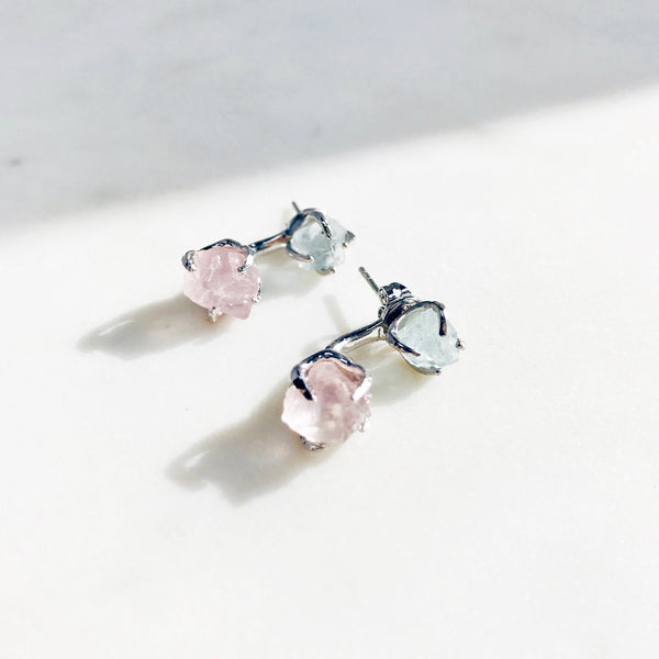 Raw Aquamarine & Rose Quartz Dual Stud Earrings in Silver - Crystal Of A Kind
