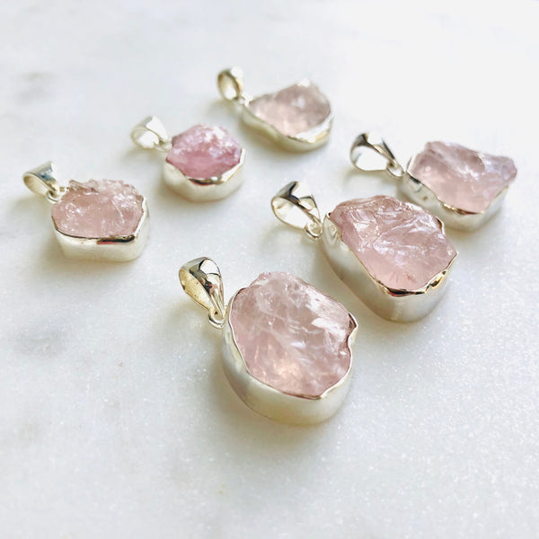 Raw Rose Quartz Pendant in 925 Sterling Silver - Crystal Of A Kind
