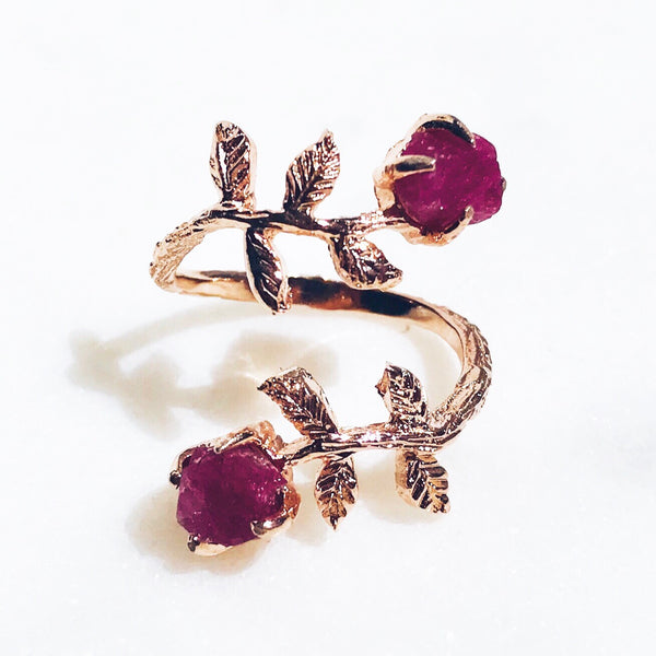 Raw Ruby Twisted Leaves Ring in Rose Gold - Crystal Of A Kind