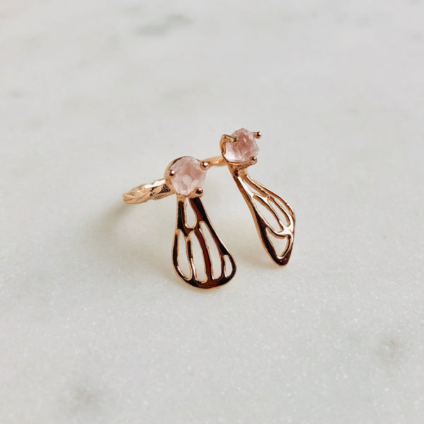 Raw Rose Quartz Butterfly Ring in Rose Gold - Crystal Of A Kind
