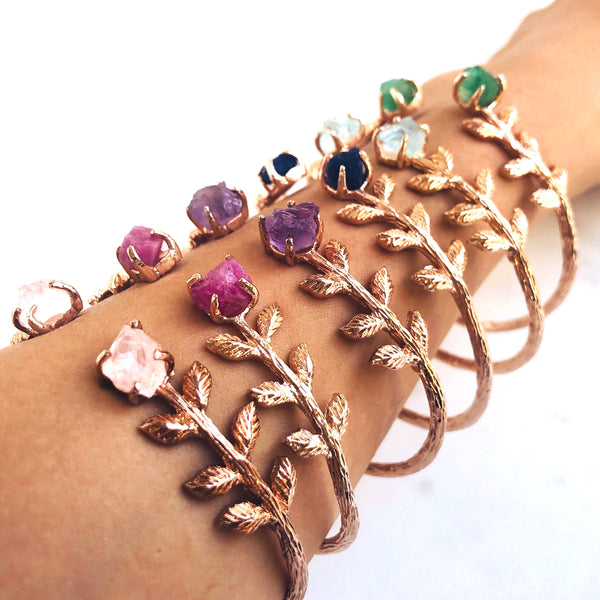Raw Rose Quartz Leaves Bangle in Rose Gold - Crystal Of A Kind