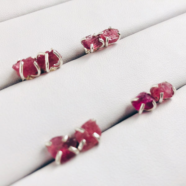 Raw Pink Tourmaline Stud Earrings in 925 Sterling Silver - Crystal Of A Kind