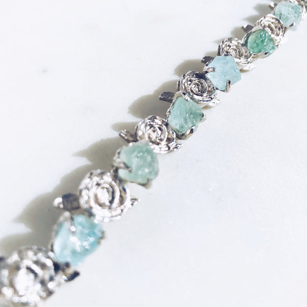 Raw Aquamarine Floral Bangle in Silver - Crystal Of A Kind