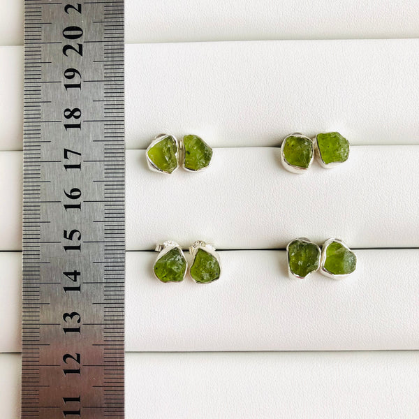 Raw Peridot Stud Earrings in 925 Sterling Silver - Crystal Of A Kind