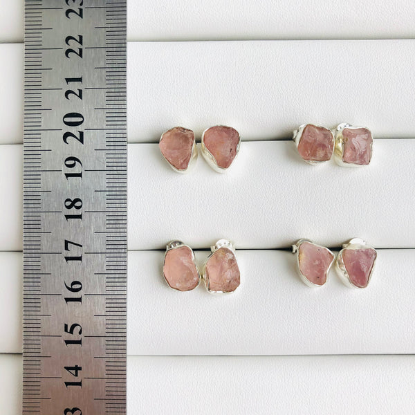 Raw Rose Quartz Stud Earrings in 925 Sterling Silver - Crystal Of A Kind